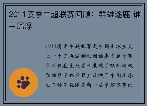 2011赛季中超联赛回顾：群雄逐鹿 谁主沉浮