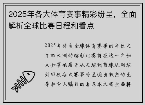 2025年各大体育赛事精彩纷呈，全面解析全球比赛日程和看点