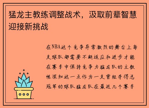 猛龙主教练调整战术，汲取前辈智慧迎接新挑战
